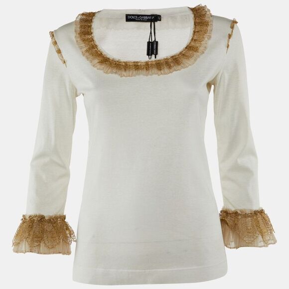 Dolce & Gabbana Off-White Cotton Blend Knit Ruffled Top M